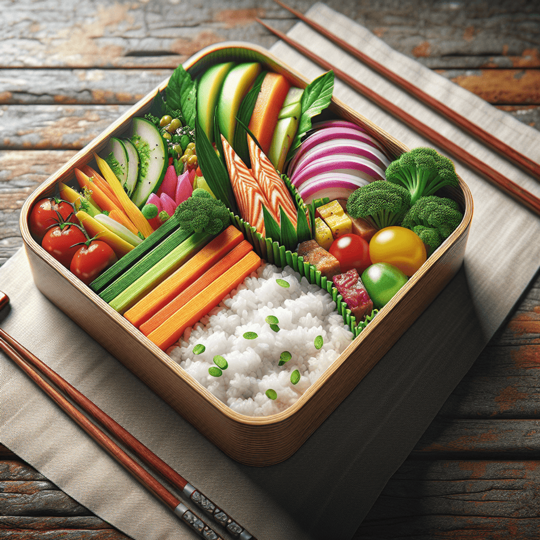 A beautifully arranged bento box filled with colorful healthy foods, including white rice, a mix of bright vegetables, and assorted proteins, resting on a rusti