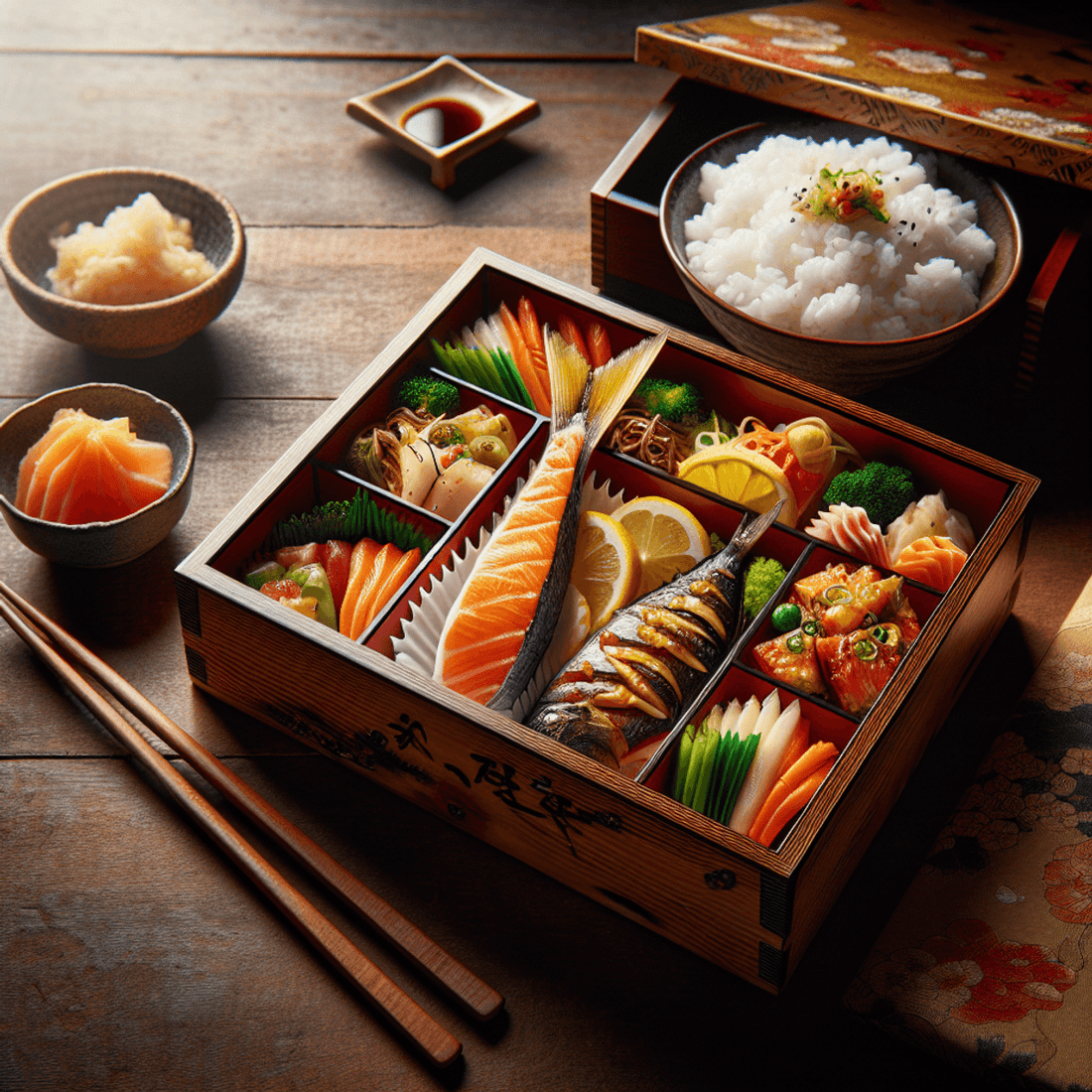 A beautifully arranged bento box filled with white rice, delicately prepared fish, and colorful pickled vegetables sits on a lovely wooden table. The food is pr