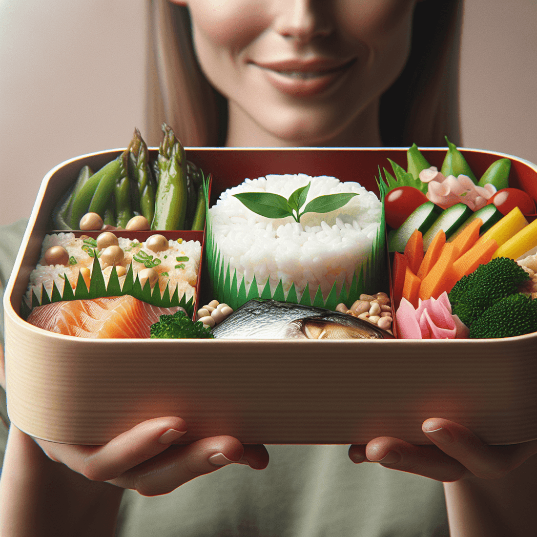 A close-up shot of a vibrant, meticulously arranged bento box filled with fluffy rice, perfectly cooked fish, and crisp pickled vegetables. The background is ne